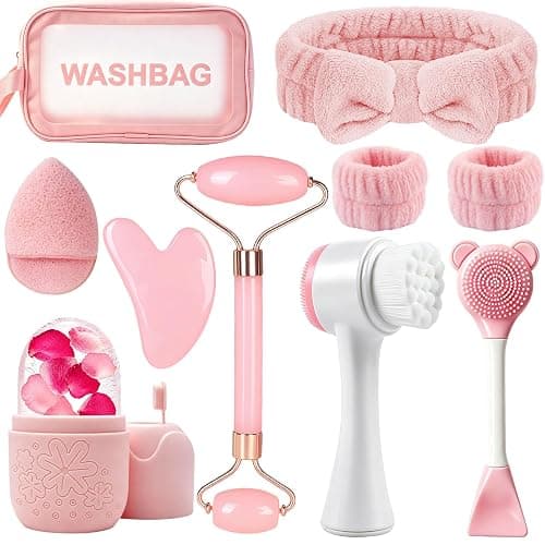 Skincare Tools Set with Facial Cleansing Brush, Ice Roller & Gua Sha Set | Pink Facial Cleansing and Massage Set, Reusable Ice Face Roller for Wrinkles Fine Lines Puffiness, Self Care Gifts for Women - Image 1
