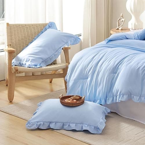 JANZAA Ruffle Light Blue Comforter Set Queen Size Comforter 3PCS 1 Emerald Comforter and 2 Pillowcases Vintage Farmhouse Shabby Chic Bedding Soft Fluffy Comforter Set All Season (Light Blue, Queen) thumbnail 4