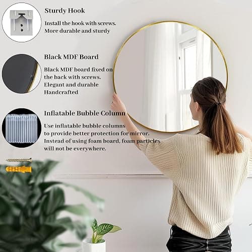 Sunniry Gold Round Mirror, 24 inch Circle Mirror, Gold Metal Frame Bathroom Mirrors, Round Wall Mounted Mirrors for Bathroom, Hallway, Living Room, Bedroom. thumbnail 5