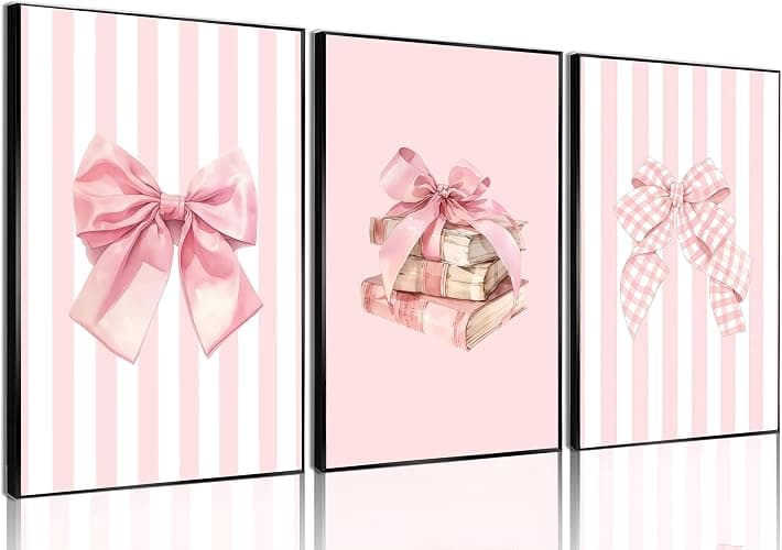 3pcs Pink Bow Canvas Wall Art Coquette Academic Style Girl Reading Poster Print Fashion Pink Book Poster Picture Painting Girl's Room College Dorm Bedroom Living Room Library Aesthetic Design Wall Decor(12×18in Unframed) - Image 1