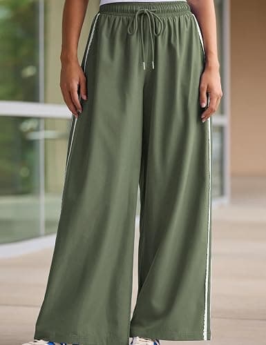 Yeokou Women's Wide Leg Sweatpants Side Stripe Crochet Slip on Drawstring Casual Running Track Palazzo Pants with Pockets thumbnail 3