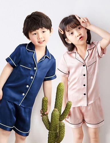 SWOMOG Unisex Kids Satin 2 Piece Pyjamas Sets Short Sleeve Teen Girls Boys Solid Button Down Top and Shorts Age 4-13 thumbnail 7