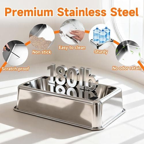 OneBug Stainless Steel High Sides Cat Litter Box with Scoop, Open Top Litter Pan for Indoor Cats, Easy to Clean, Reduced Litter Scatter, Medium thumbnail 9