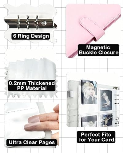 A5 Photo Card Binder with 30 Inner Sleeves (4-pocket and double-sided), 6 Ring 4 Pocket Trading Card Binder, PU Leather Card Collect Book with Magnetic Buckle Closure, Holding up to 240 Cards (Pink) thumbnail 4