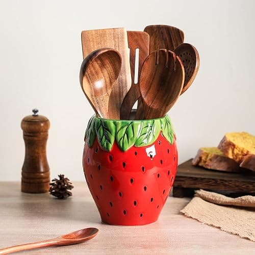 Bicuzat Strawberry Shaped Ceramic Kitchen Utensil Holder, Large Cooking Utensil Crocks for Kitchen Countertop, Ceramic Utensil Organizer for Spatula, Kitchen, Home Decoration-Retro Red thumbnail 5