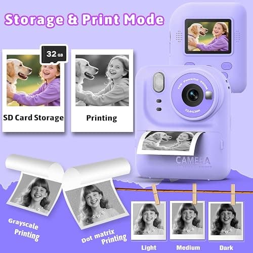 Okaloka Kids Instant Print Camera Toys,1080P HD Toddler Digital Video Camera,Christmas Birthday Gifts for Girls Boys Age 3-12 Year Old - 32G SD Card Included (Purple) thumbnail 7