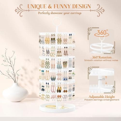 iDavosic.ly 6 Tier Rotating Earring Holder Organizer with Metal Tray, Adjustable Plastic Dangle Display Stands Tree with 342 Grooves, Large Hoop Storage Rack Tower, White thumbnail 7