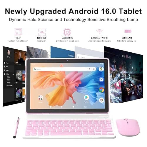 ICONLINK Android 16 Tablet 10 Inch, 12(3+9) GB RAM+64GB ROM, 2 in 1 Tablets with Keyboard Case Mouse Stylus, 1.8GHz Five-core Processor, 1280 * 800 IPS HD Screen, 5G WiFi6 BT 5.3 Tableta PC(Pink) thumbnail 2
