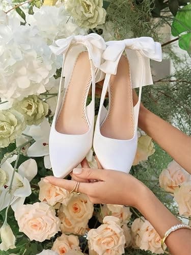 Coutgo Womens Slingback High Heels with Bow Closed Pointed Toe Wedding Bride Dress Shoes Satin Pumps thumbnail 3