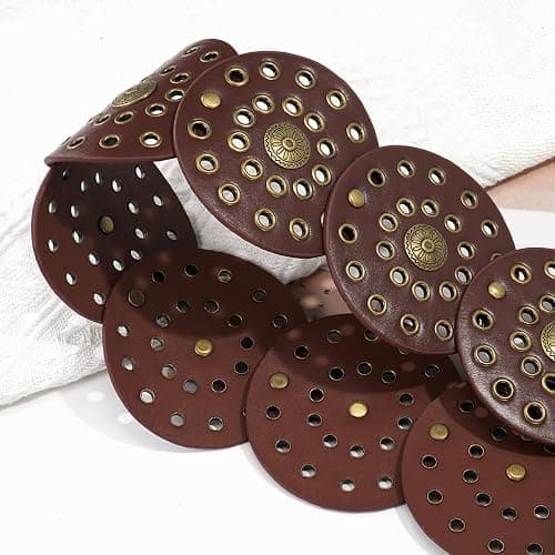 Liutufy Wide Disc Belt for Women Vintage Hollow Boho Leather Belt Western Chunky Waist Belt Cowboy Metal Buckle Concho Belts thumbnail 3