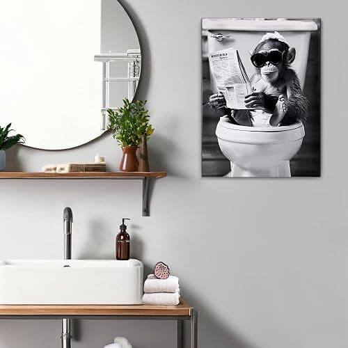 Deveosa Funny Bathroom Wall Art - Chimpanzee On Toilet Unique Cool Black And White Artwork For Restroom Paintings Animal Canvas Sings Decor Pictures Decorations 12x16inch thumbnail 5