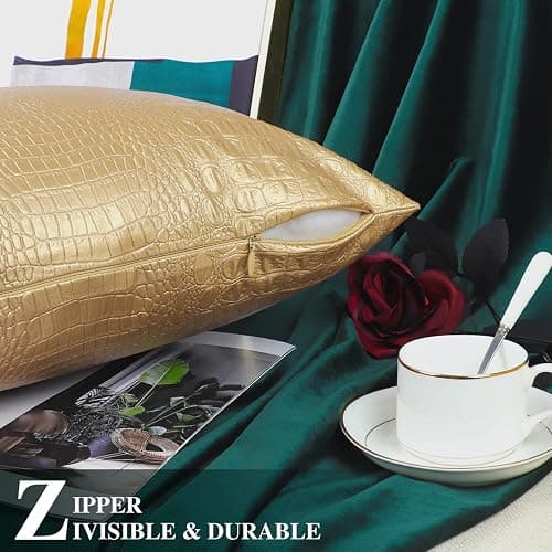 BRAWARM Faux Leather Pillow Covers 20 X 20 Inches, Gold Leather Pillow Covers Pack of 2, Crocodile Leather Decorative Throw Pillows for Living Room Couch Bed Sofa Home thumbnail 6