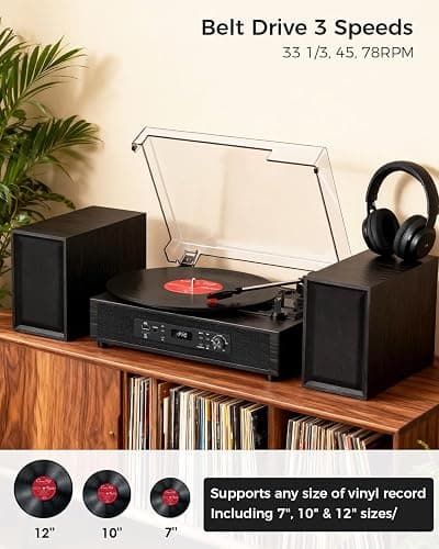 Vinyl Record Player with 4+2 External Stereo Speakers Bluetooth 3-Speed Belt Drive Turntable for Vinyl Records Two Speakers USB/SD Recording RCA Headphone Out& AUX-in, Vintage Black Wood thumbnail 2