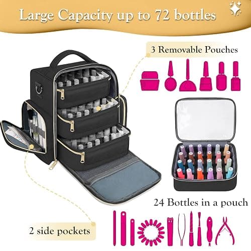YOREPEK Nail Polish Organizer Holds Up to 72 Bottles (15ml-0.5 fl.oz) Nail Polish Carrying Case with 3 Removable Pouches and 4 Zippered Pockets for Manicure Tools, Supplies, Nail Lamp, Gifts for Women thumbnail 4