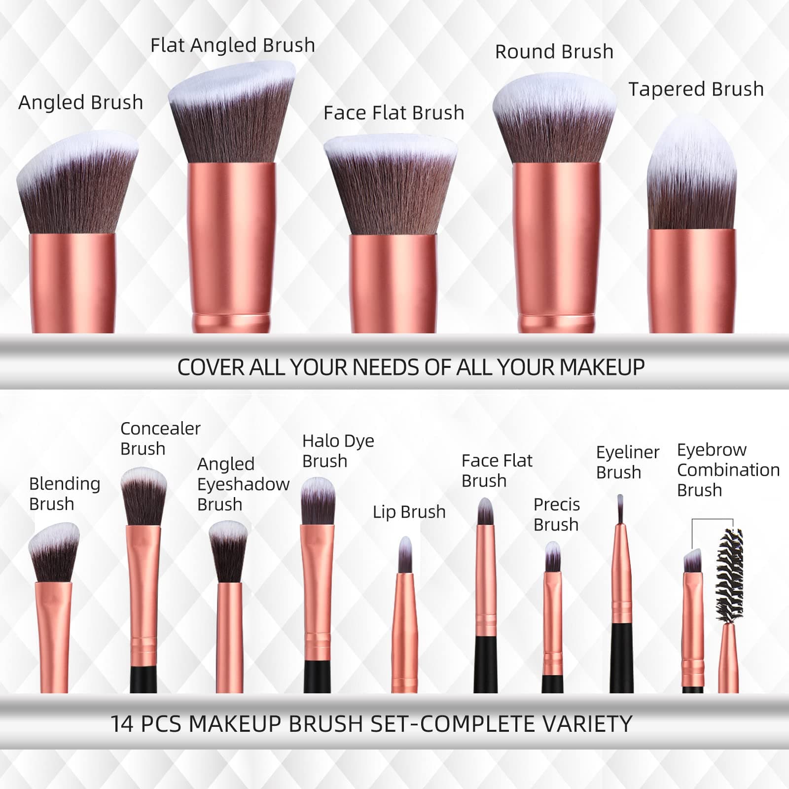 BS-MALL Makeup Brushes Premium Synthetic Foundation Powder Concealers Eye Shadows Makeup 14 Pcs Brush Set, Rose Golden, 1 Count thumbnail 3