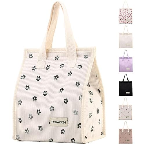 TELLUMO Corduroy Lunch Bag for Women Men Cute Lunch Bag Insulated Lunch Box with Large Capacity (7.5L) Reusable Lunchbag for Work, Picnic, Beach or Travel (S- Corduroy BlackClub) - Image 1