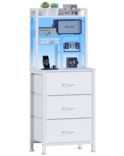 Furnulem Tall Nightstand with LED Lights and 3 Tier Shelves, Night Stand with 3 Fabric Drawers, 45.3inch Tall Bedside Tables with USB Ports and Outlets in Bedroom, Dorm, Office (White) - Image 1