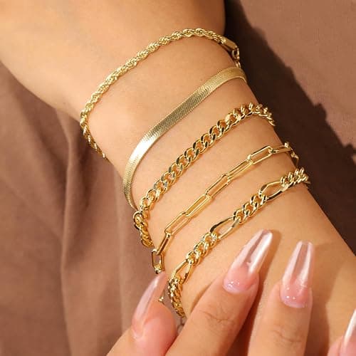 14K Gold Chai14K Gold Chain Bracelets Set for Women, Dainty Paperclip Link Bead Stackable Layered Bracelets Metal Fashion Jewelry thumbnail 2