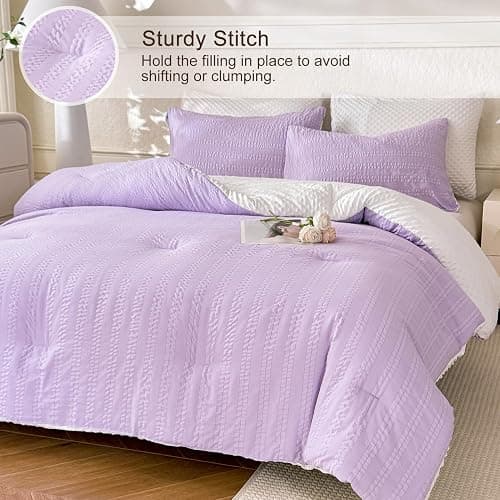 tohrisa Boho Comforter Set Twin Size Striped Pleats Bohemian Seersucker Bedding Set All Season Soft Cozy 2 Pieces Quilt with 1 Pillowcase(68"X90" Lavender) thumbnail 2