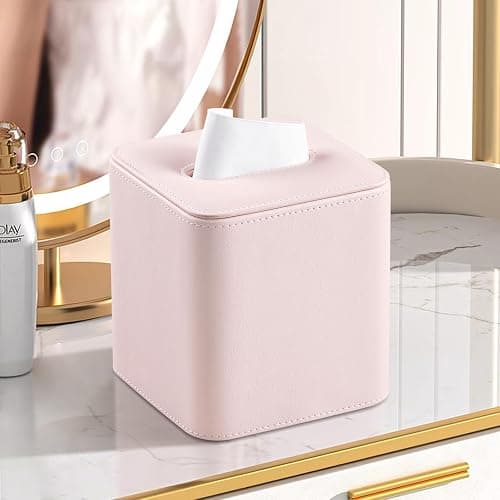 MEIBOOCH PU Leather Tissue Box Cover with Magnetic Closure, Square Tissue Box Holder with Rounded Edges Design (Pink, Square) thumbnail 2