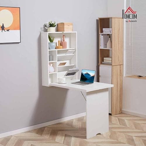 HOMCOM Wall Mounted Fold Out Convertible Desk, Multi-Function Floating Desk with Storage Shelf for Home Office, White thumbnail 2