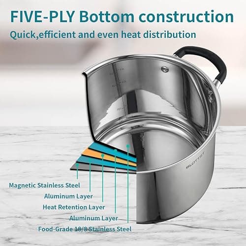 SLOTTET 6 Quart Stainless Steel Stock Pot with Steamer,6 Qt Multipurpose Stockpot with Stay-cool silicone Handle and Glass Lid,Soup Pot for Cooking thumbnail 4