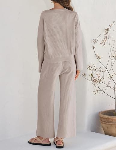 ZESICA Women's 2 Piece Outfits Set 2026 Casual Long Sleeve Knit Pullover Top and Wide Leg Pants Sweatsuit Lounge Sets thumbnail 4