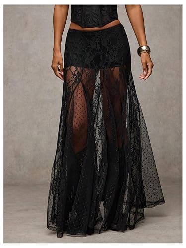 MakeMeChic Women's Lace Sheer Maxi Skirts Floral Split Thigh A Line Ruffle Boho Goth Long Skirts thumbnail 3