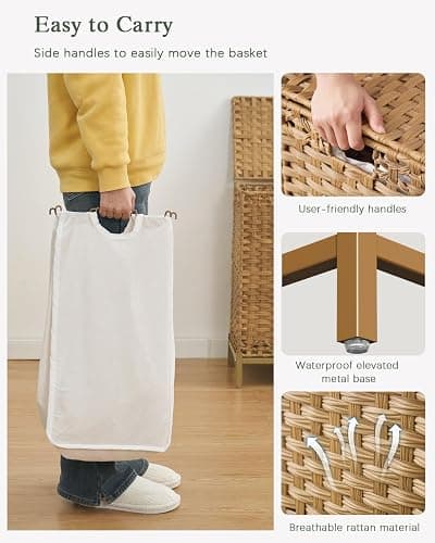 SETVSON Laundry Hamper with Lid, 112 L Handwoven Rattan Wicker Laundry Basket, 2 Removable Liner Bags Metal Heightened Feet, 6 Mesh Bags, 2 Section Large Clothes Hamper for Bathroom Bedroom, Natural thumbnail 4