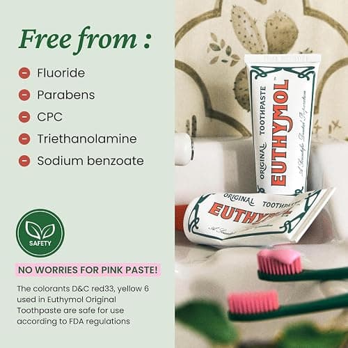 EUTHYMOL Original Pink Toothpaste (3.7fl oz/Pack of 1) - Fluoride-Free Toothpaste for Sensitive Teeth & Gum. Bad Breath, Cavity Prevention, 12-Hour Long Lasting Freshness with Wintergreen thumbnail 7