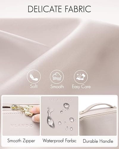 Vlando Large Capacity Travel Makeup Bag - Makeup Bag Travel Toiletry Bag for Women, PU Leather Waterproof Cosmetic Bag, Beige thumbnail 3