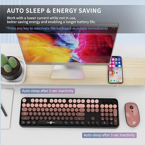 Wireless Keyboard and Mouse Combo, Retro Typewriter Style Keyboard with Round Keys, 2.4G Wireless Cute Keyboard and Mouse Set for PC, Laptop and Desktop-Black and Rose Gold thumbnail 5