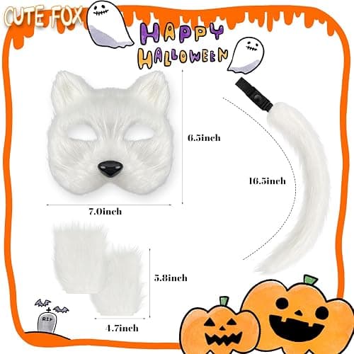 IncreDecor Cat Fox Mask and Tail Set Cat Therian Paws Masks Halloween Animal Fox Tails Wolf Costume Accessory thumbnail 2