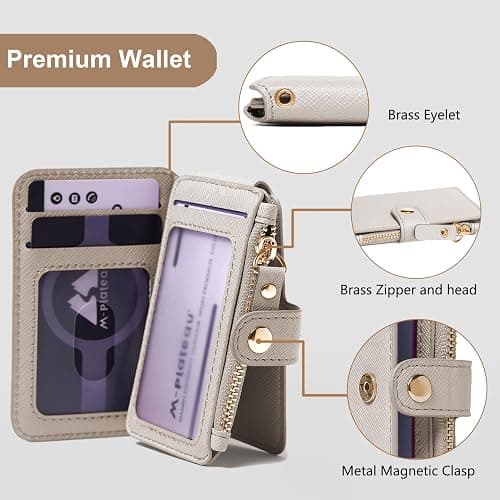 M-Plateau Wallet, Womens card Holder Leather Keychain Wallet With Zipper Coin Pocket ID Window Wrist Strap Gift Box (Beige) thumbnail 4