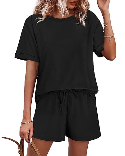 WIHOLL Two Piece Short Sets for Women Casual Summer Outfits Short Sleeve Crew Neck Lounge Matching Set thumbnail 3