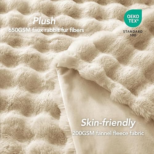 L'AGRATY Faux Rabbit Fur Blanket: 50" x 60" Luxury Soft Fluffy Thick Fur Throw Blanket for Couch Bed Sofa - Cozy Plush Bubble Blankets for Winter: Warm Flannel Fleece Decorative Blanket(Almond White) thumbnail 4
