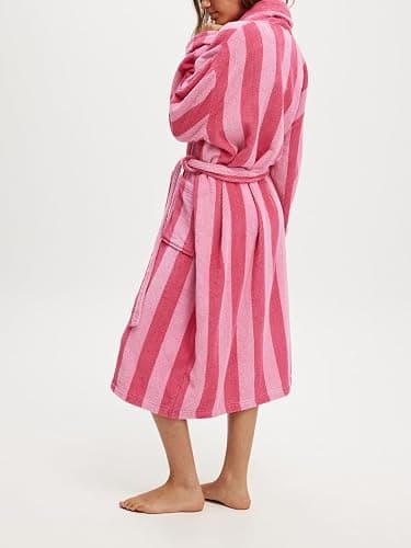 Women's Fleece Bath Robe Christmas Striped Full Length Plush Soft Bathrobe Warm Lounge Sleepwear Robe with Pockets thumbnail 3