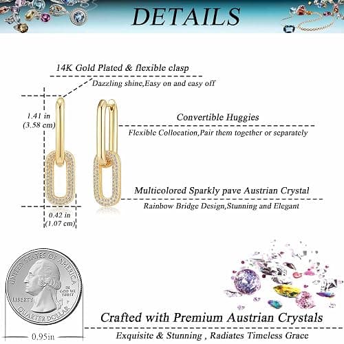 Austrian Crystals Paperclip Drop Earrings for Women 14K Gold Plated Double Huggie Dangle Earrings Hypoallergenic Sparkly Jewelry thumbnail 5
