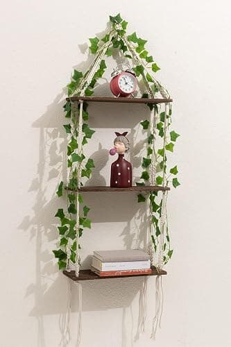 WOOD MEETS COLOR 3 Tier Macrame Wall Hanging Shelves with Artificial Ivy Leaves,Boho Room Decor Handmade Cotton Rope,Wooden Hanging Storage Floating Shelves for Small Plants,Living Room Bedroom thumbnail 3