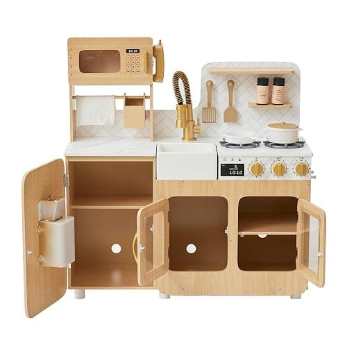 Teamson Kids Little Chef Cyprus Play Kitchen Set for Toddlers with 14 Accessories, Wooden Toy Cooking Playset for Kids Ages 1-8, Montessori Cooking Station, Light Oak/White Pretend Kitchen thumbnail 9