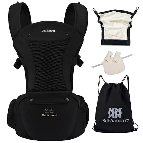 Bebamour Baby Carrier Newborn to Toddler Baby Carrier Hipseat 0-36Months with Head Hood, 3 PCS Teething Pads, Waist Extender, Black thumbnail 3