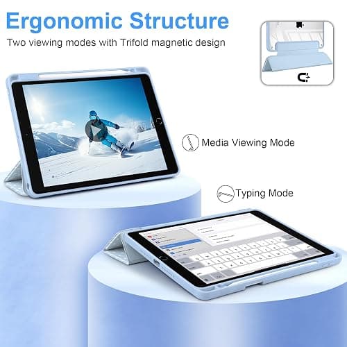 Yebiseven for iPad 9th 8th 7th Generation 10.2 Inch 2021 2020 2019 Case -[Built-in Pencil Holder], Shockproof Clear Hard Back, Slim Trifold Stand, Auto Wake/Sleep, for Girls teen Women, Blue white dot thumbnail 6
