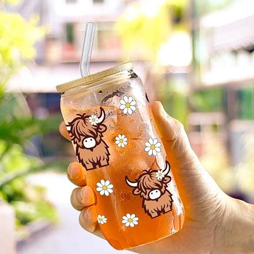 Highland Cows Gifts for Women Highland Cow Lovers Decor Print Stuff Coffee Cup with Cow Straw - Cute Coffee Cups/Tumbler Christmas Birthday Gifts for Women Girls, Glass Cup with Lid and Straw 16oz thumbnail 2