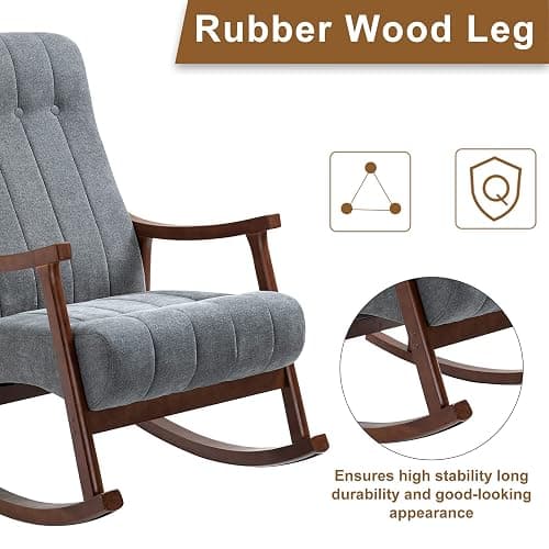 AVAWING Upholstered Rocking Chair with Fabric Padded Seat, Comfortable Rocker Solid Wood for Living Room, Modern High Back Armchair for Adult, Dark Grey thumbnail 6