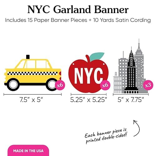 NYC Cityscape Party Decorations - Garland Banner - 15pc | Double-Sided Big Apple, Taxi, Skyscraper Shapes, DIY Banner for New York City Themed Party Backdrops, Cord Included, USA-made thumbnail 4