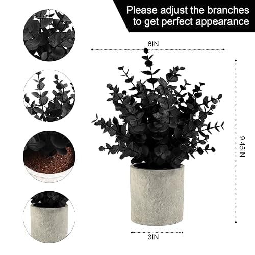 Coferset 2 Pack Small Fake Plants Eucalyptus Potted,Black | Halloween Black Artificial Plants for Bathroom Shelf Office Desk Home Farmhouse Room Coffee Table Tray Small Space Decor thumbnail 3