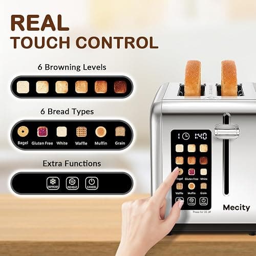 Mecity 2 Slice Toaster Touch Screen 1.5" Wide Slot, Stainless Steel Smart Bread Toaster for Bagel Muffin Waffle Gluten Free Breads, Timer, Defrost, Reheat, 120V 825W - Stainless Steel thumbnail 2