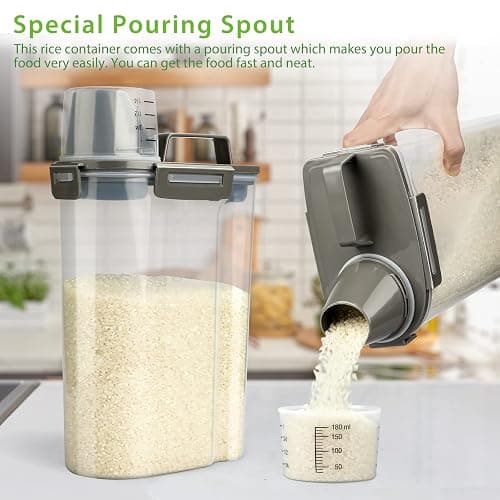 Viretec Rice Airtight Storage Container, 3 to 5Lbs Cereal Dry Food Flour Bin, Pet Dog Cat Food Dispenser with Measuring Cup, BPA Free Clear Plastic Kitchen and Pantry Organization Bin for Sugar thumbnail 2