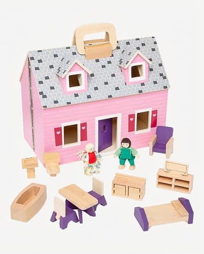 Melissa & Doug Fold & Go Wooden Dollhouse with 2 Dolls and 11 Pieces of Furniture - Portable Mini Doll House with Accessories and Toy Figures, Ages 3+ thumbnail 10