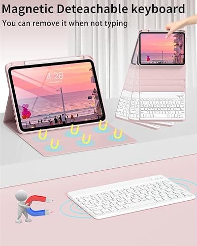 ZKTUYU for iPad (A16) 11th/10th Generation Case with Keyboard 11/10.9 inch 2025/2022, Detachable Wireless Bluetooth Keyboard Case Thin & Light with Built-in Right Side Pencil Holder (Pink) thumbnail 4